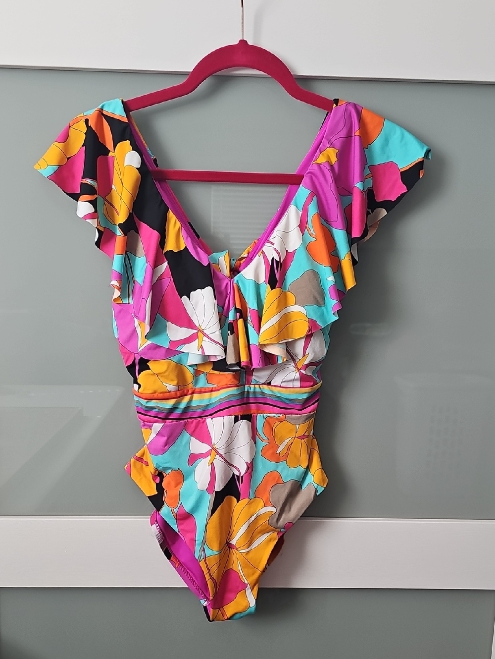 Trina Turk Turquoise Pink Orange Floral Ruffle One-Piece Swimsuit